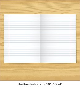 Strips notebook papers on wood background.    Vector illustration. 