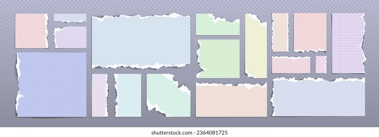 Strips and pieces of torn colored paper - clean, squared, lined and dotted scrap with broken and ripped edges. Realistic vector illustration set of cut square and rectangular notepad page fragments.