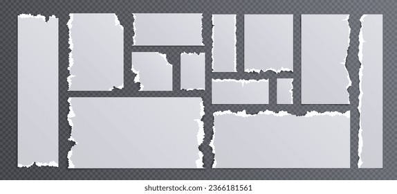 Tiras y trozos de papel desgarrado - conjunto de ilustraciones vectoriales realistas de hojas de papel con efecto de bordes desgarrados. Desechos cuadrados y rectangulares en blanco con bordes fracturados y rotos, cartón cortado.