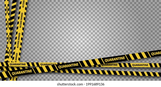 Strips of quarantine. Cordon warning caution sign. Black and yellow danger zone line on blue transparent background. Brushes included.