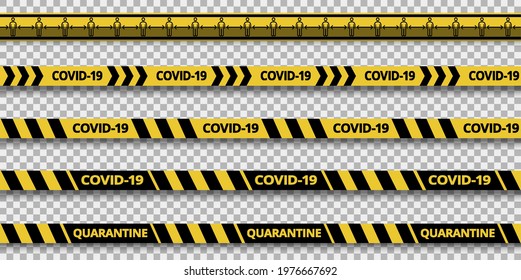 Strips of quarantine. Warning caution sign. Black and yellow danger zone line. Social distancing. Covid-19. Brushes included.