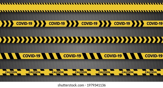 Tiras de cuarentena. Advertencia de advertencia. Línea de cordón de zona de peligro negro y amarillo sobre fondo oscuro. Covid-19. Cepillos incluidos.