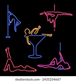 striptease group of neon icons, vector illustration on black background.