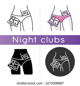 Striptease show icon. Linear black and RGB color styles. Strip club, sexy dancing. female dancer, professional stripper with money in panties isolated vector illustrations