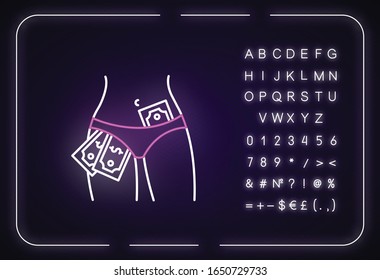 Icono de la luz de neón mostrada por striptease. Efecto luminoso exterior. Signo con alfabeto, números y símbolos. Club de striptease, entretenimiento para adultos, baile sexy. Dibujo de color RGB aislado de bailarina femenina