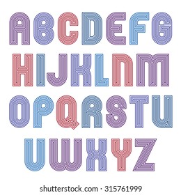 Stripy bright geometric script, stylish typeface created from parallel lines. Unusual vector uppercase letters set. 