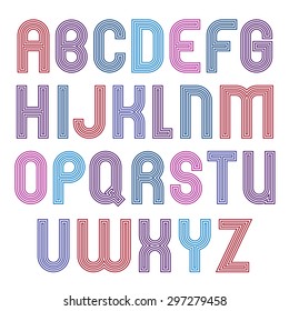 Stripy colorful geometric font, retro stylish typeface created from parallel lines. Extraordinary vector uppercase letters collection. 