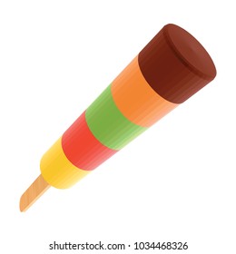 Stripy Colorful Ice Lolly in Perspective Isolated on White Background. Yellow Red Green and Orange Ice Cream on Wooden Stick. Lollipop with Tropical Flavor. Low Poly Realistic Vector Illustration. 