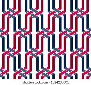 Stripy mesh weaving cubes seamless pattern, 3D abstract vector background for wallpapers, op art dimensional optical illusion design.