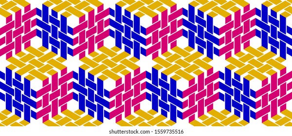 Stripy mesh weaving cubes seamless pattern, 3D abstract vector background for wallpapers, op art dimensional optical illusion design. Colorful version.
