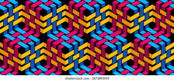 Stripy mesh weaving cubes seamless pattern, 3D abstract vector background for wallpapers, op art dimensional optical illusion design. Colorful version.
