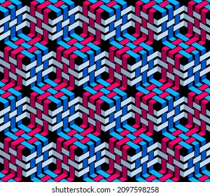 Stripy mesh weaving cubes seamless pattern, 3D abstract vector background for wallpapers, op art dimensional optical illusion design. Colorful version.