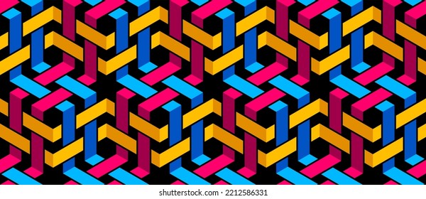 Stripy mesh weaving cubes seamless pattern, 3D abstract vector background for wallpapers, op art dimensional optical illusion design. Colorful version.