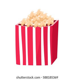 Stripy Paper Bucket With Popcorn Snack, Cinema And Movie Theatre Related Object Cartoon Colorful Vector Illustration
