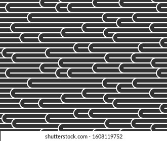 Stripy vector seamless pattern with woven lines, geometric abstract background, stripy net, optical maze, web network. Black and white design.