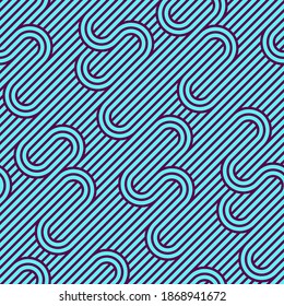 Stripy vector seamless pattern with woven lines, geometric abstract background, stripy net, optical maze, web network. Blue color design.