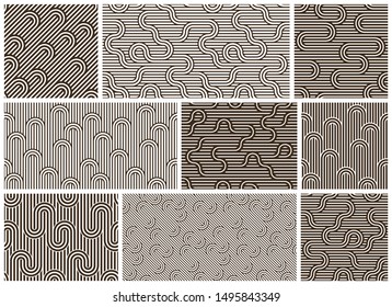 Stripy vector seamless patterns with woven lines, geometric abstract backgrounds set, stripy net, optical maze, web network.