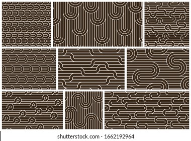 Stripy vector seamless patterns with woven lines, geometric abstract backgrounds set, stripy net, optical maze, web network.