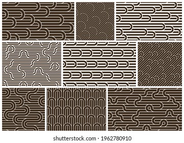 Stripy vector seamless patterns with woven lines, geometric abstract backgrounds set, stripy net, optical maze, web network.