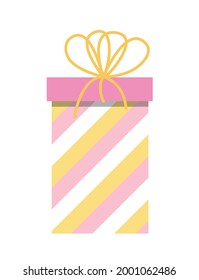 Stripy yellow pink gift box. Funny birthday present in bright colors with yellow bow. White isolated vector stock illustration EPS 10. 
