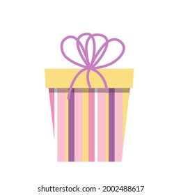 Stripy yellow pink gift box. Funny birthday present in bright colors with violet bow. White isolated vector stock illustration EPS 10. 