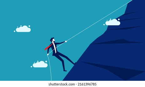 Strive for success. A businessman pulls a rope up a mountain. business concept vector 