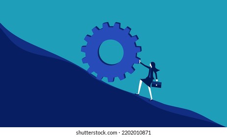 Strive for success. Businesswoman pushing gears up a hill. vector illustration