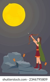 Striving for a goal. A girl shoots an arrow. Get to the moon. Planning. Vector illustration.