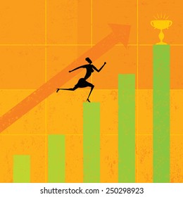 Striving for Higher Profits A businesswoman striving to achieve her goal of higher profits. The woman & bar graph and background are on separate labeled layers.