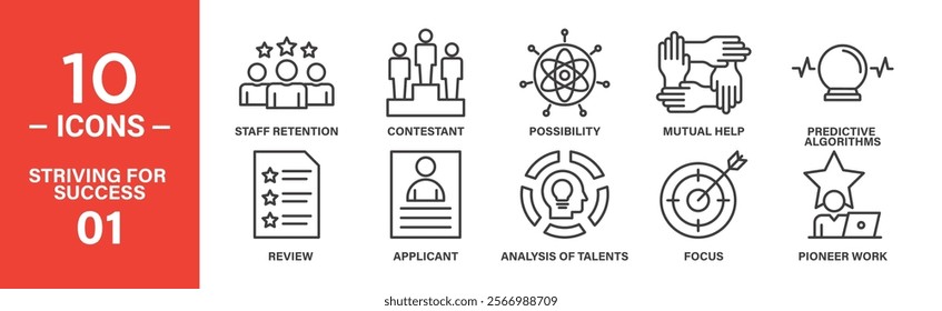 Striving for Success Icon Set: 10 Editable Vector Icons Representing Talent Analysis, Focus, and Predictive Algorithms