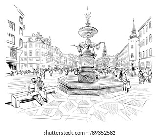 Stroget Street. Copenhagen. Denmark. Europe. Hand drawn vector illustration.