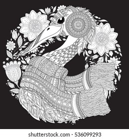 Strok, fantastic flowers, branches, leaves. For anti stress Coloring Page . Coloring book page for adults and children. Black White Bird collection. Set of illustration.