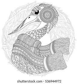 Strok, fantastic flowers, branches, leaves. For anti stress Coloring Page . Coloring book page for adults and children. Black White Bird collection. Set of illustration.