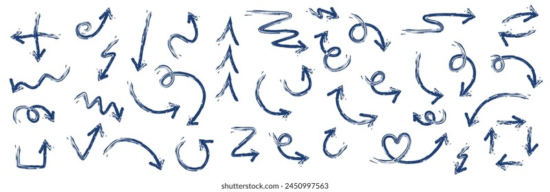 Stroke arrows. Hand drawn various curved lines, drawn arrows. Direction indicators. EPS 10.