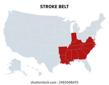 Stroke Belt, o Stroke Alley, mapa político. Región de 11 estados en el sudeste de Estados Unidos que ha sido reconocida por tener una incidencia inusualmente alta de accidente cerebrovascular y enfermedad cardiovascular.