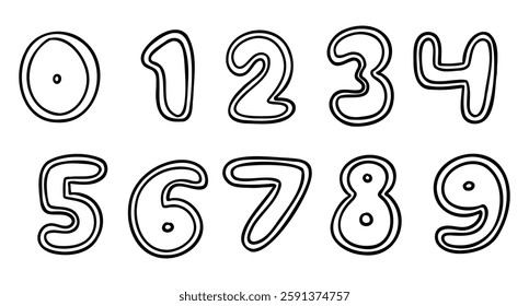 Stroke black mathematical digits from 0 to 9 font collection set. Vector illustration in hand drawn doodle style isolated on white background. For birthday, learning, card, logo, sales, decorating.