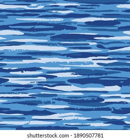 Stroke camo seamless pattern. Dry brush camouflage. Blue paint background. Freehand artistic texture. Hand drawn artistic design wallpaper. Hand drawn vector, expressionism style