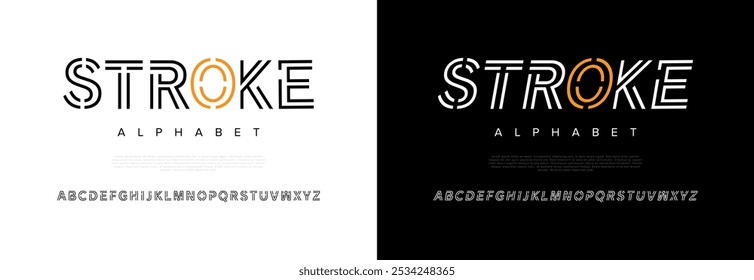 Stroke creative modern geometric urban alphabet font. Digital abstract futuristic, game, techno, robot, music, logo, sport, minimal technology typography. Simple numeric vector illustration