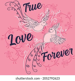 stroke of cute flying birds, text and pink background