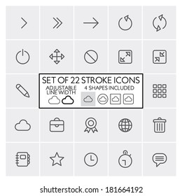 Stroke design icons set 2 / Arrows + interface + etc. / Adjustable line width + 4 button shapes included / Check out the other parts of set