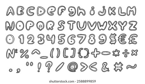 Stroke english latin abc alphabet font with digits and symbols handwritten A to Z, 0 to 9 collection. Vector illustration in doodle style isolated on white background. For design.