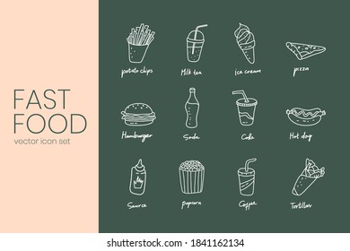 Schlagt schnell Lebensmittel, Vektorsymbol-Set. Speisen und Kochtöpfe. Minimalistische Vektorsymbole, Liniensymbole in handgezeichnet doodle-Stil für das Design von mobilen und Desktop-Bildschirmen. Einziger Hintergrund