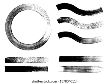 Stroke flat brush. Black modern paint stripe set. Grunge texture. Mascara brush. Isolated vector black paintbrush collection for frame or background.