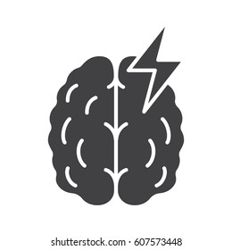 Stroke Glyph Icon. Cerebral Hemorrhage Silhouette Symbol. Human Brain With Lightning. Negative Space. Vector Isolated Illustration