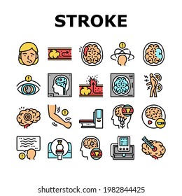 Vector de conjunto de iconos de la colección de problemas de estado de tracción. Operación Quirúrgica Tratamiento De La Gasa Cerebral E Inyección, Mareos Y Congestión De Los Buques Concepto Pictogramas Lineales. Ilustraciones de color de contorno