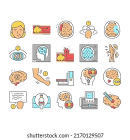 Stroke Health Problem Collection Icons Set Vector. Surgical Operation Brain Stroke Treat And Injection, Dizziness Disease And Vessel Congestion Concept Linear Pictograms. Contour Color Illustrations