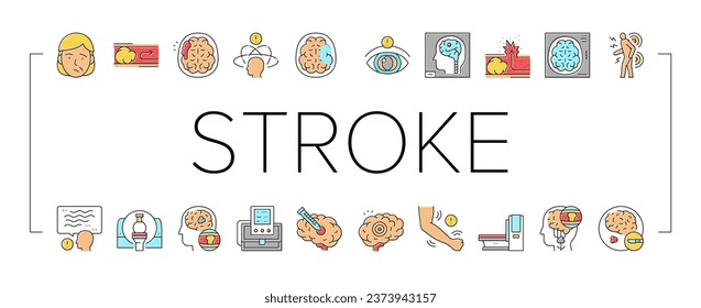 Vector de conjunto de iconos de la colección de problemas de estado de tracción. Operación Quirúrgica Tratamiento De La Gasa Cerebral E Inyección, Mareos Y Congestión De Los Buques Concepto Pictogramas Lineales. Ilustraciones de color de contorno