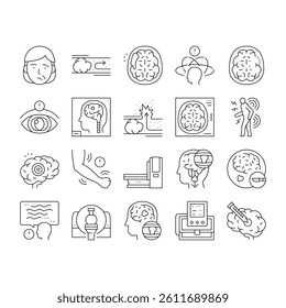 Stroke Health Problem Collection Icons Set Vector. Surgical Operation Brain Stroke Treat And Injection, Dizziness Disease And Vessel Congestion Black Contour Illustrations