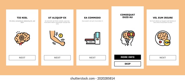 Stroke Health Problem Onboarding Mobile App Page Screen Vector. Surgical Operation Brain Stroke Treat And Injection, Dizziness Disease And Vessel Congestion Illustrations