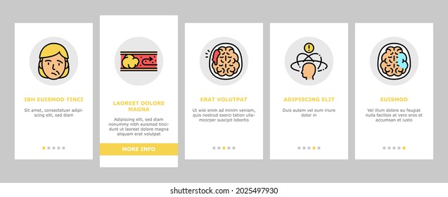 Stroke Health Problem Onboarding Mobile App Page Screen Vector. Surgical Operation Brain Stroke Treat And Injection, Dizziness Disease And Vessel Congestion Illustrations